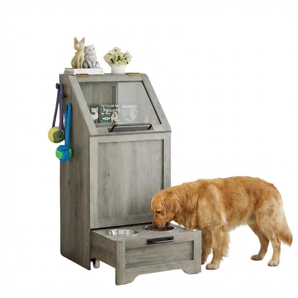 Pet  Food Storage with Raised Bowls Feeding Station
