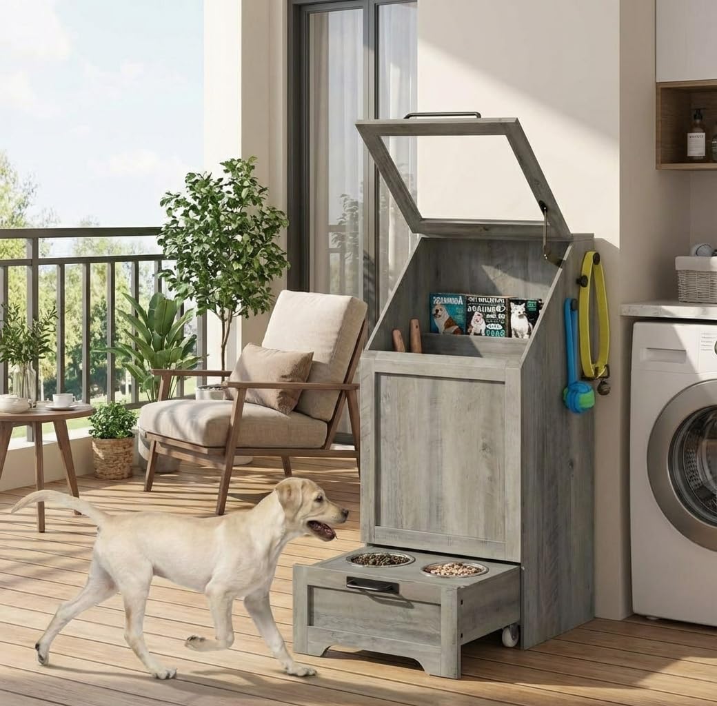 Pet  Food Storage with Raised Bowls Feeding Station