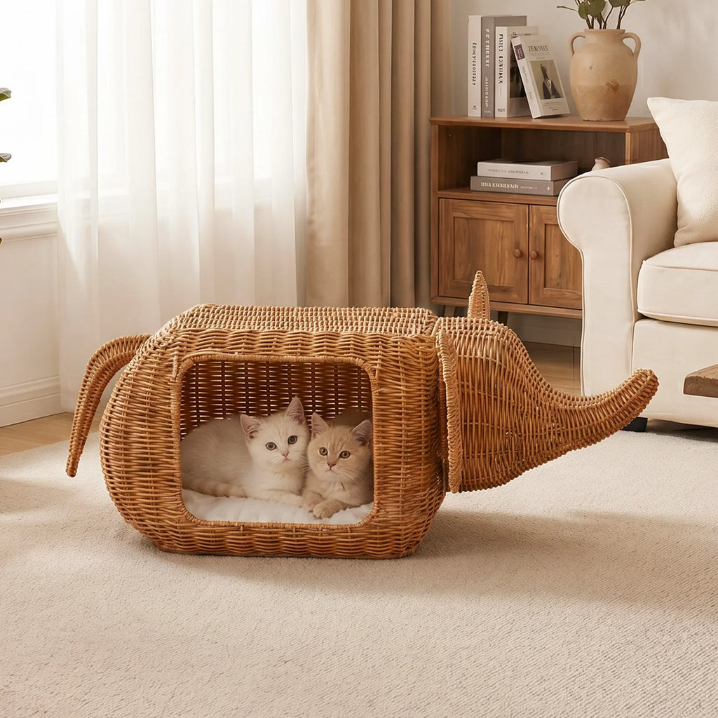 Handmade Elephant Rattan Cat Condo Bed
