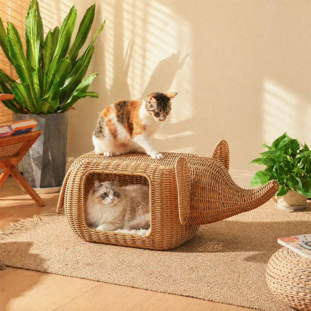 Handmade Elephant Rattan Cat Condo Bed