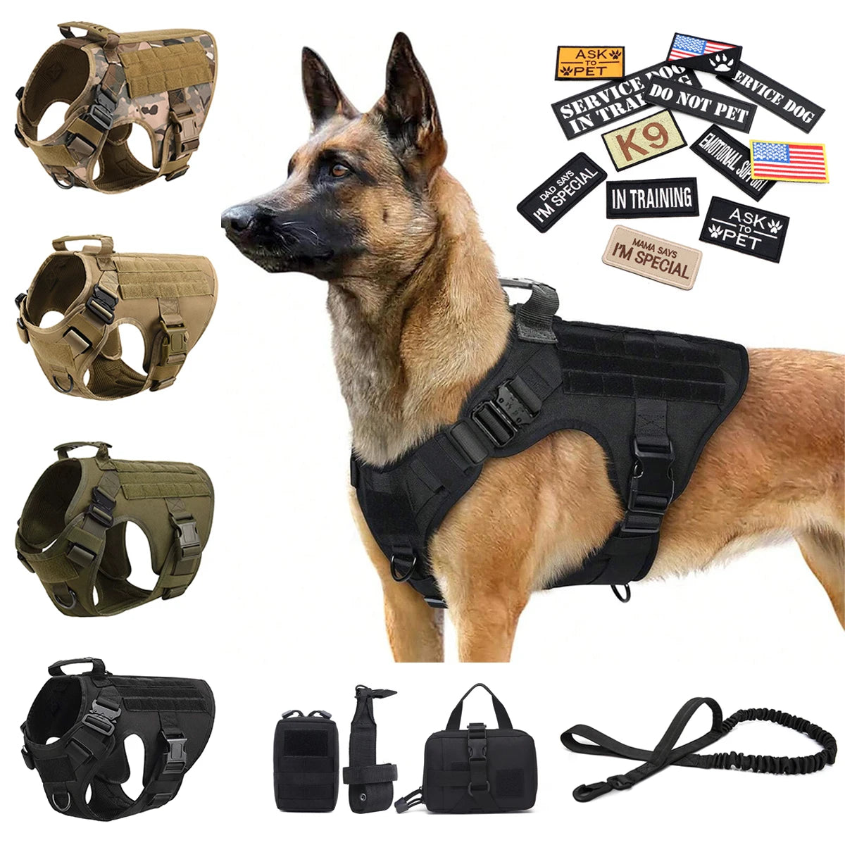 Military Dog Harness Collar Leash Bags Patches