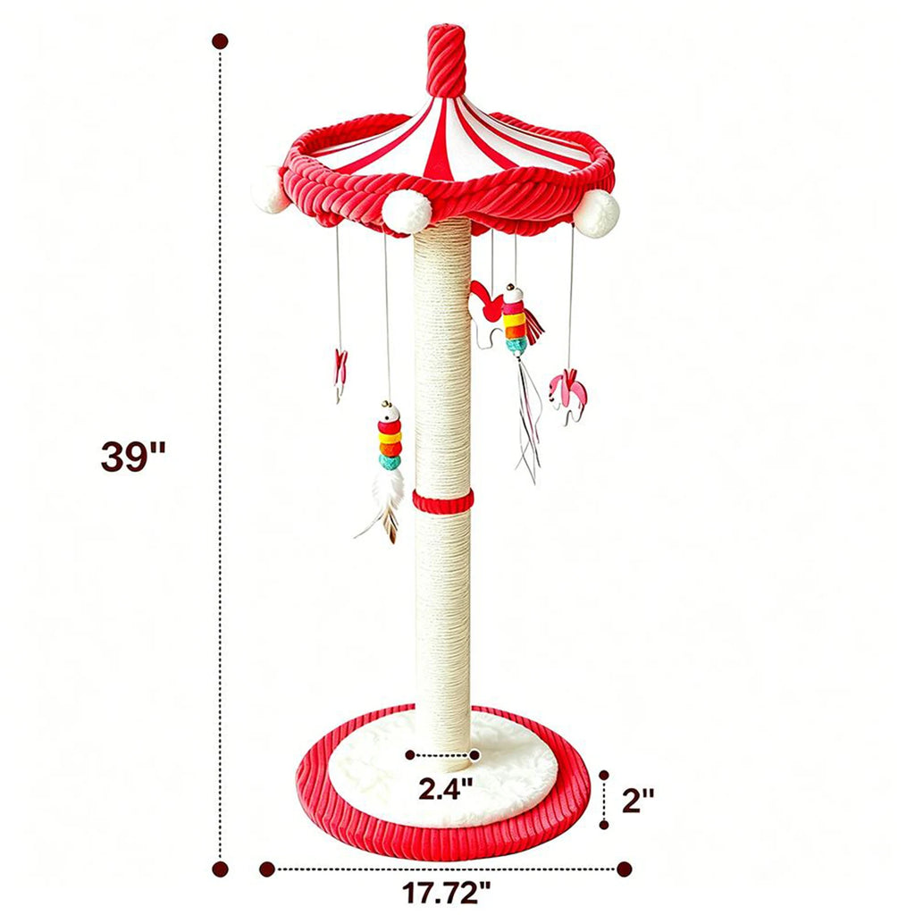 Cat Scratching Post with Hanging Toys 

39“ Tall Carousel Cat Scratching Post with Hanging Toys Cat Tree Tower with Rotating Top 17.7" Stable Base Interactive Toys For Indoor Kittens and Adult Cats Climbing