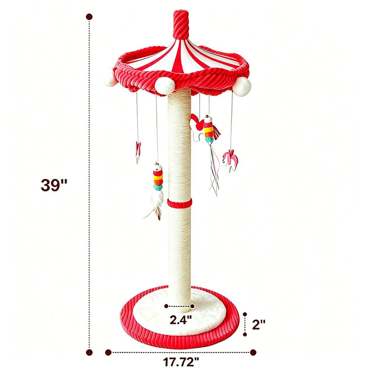 Cat Scratching Post with Hanging Toys 

39“ Tall Carousel Cat Scratching Post with Hanging Toys Cat Tree Tower with Rotating Top 17.7" Stable Base Interactive Toys For Indoor Kittens and Adult Cats Climbing