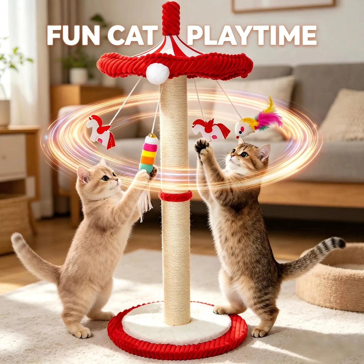 Cat Scratching Post with Hanging Toys 

39“ Tall Carousel Cat Scratching Post with Hanging Toys Cat Tree Tower with Rotating Top 17.7" Stable Base Interactive Toys For Indoor Kittens and Adult Cats Climbing