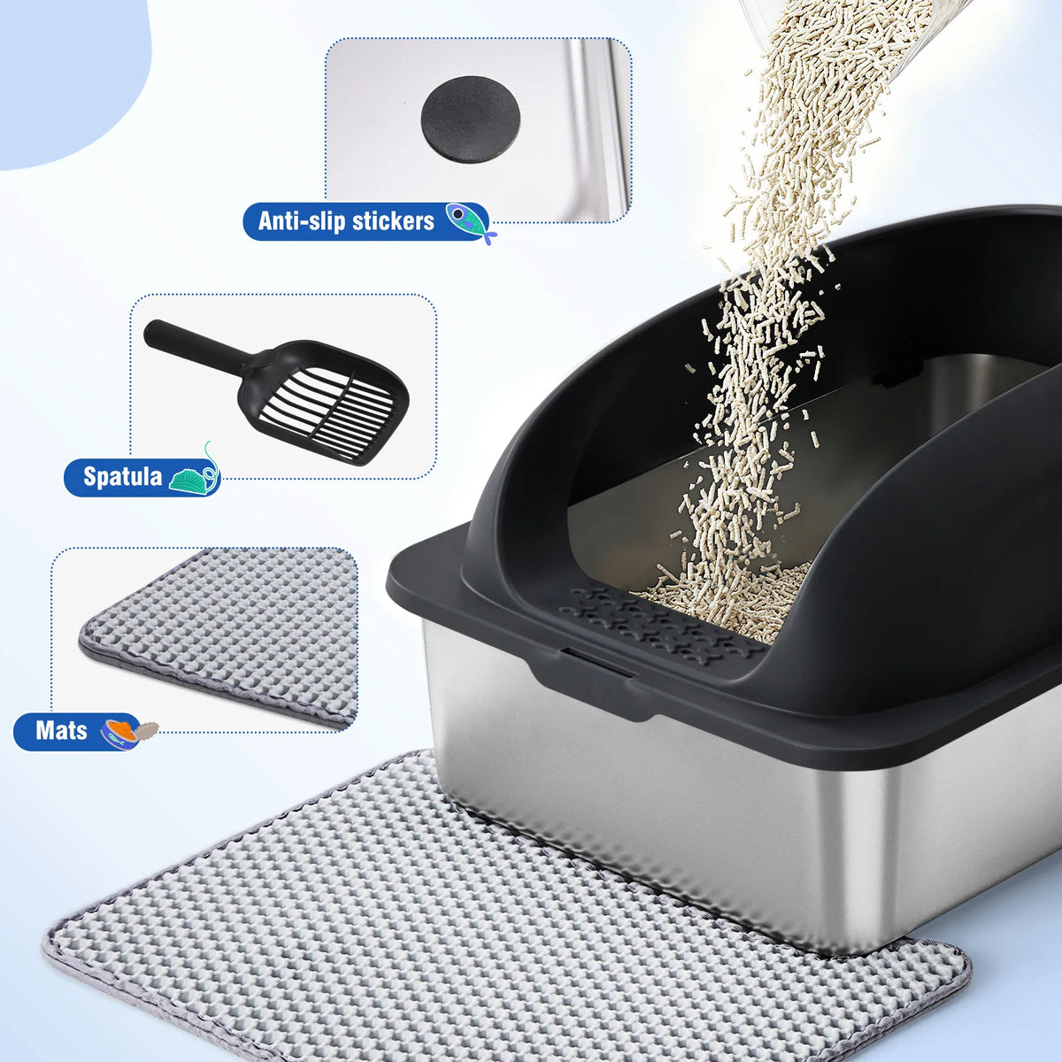 Large Cat Litter Box with Lid, Scoop, and Mat