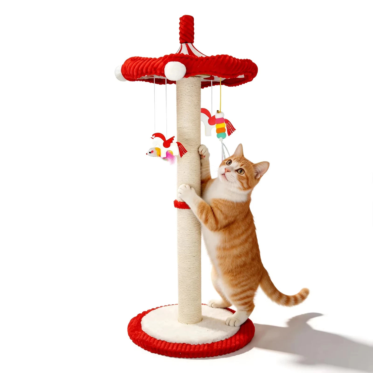 Cat Scratching Post with Hanging Toys 

39“ Tall Carousel Cat Scratching Post with Hanging Toys Cat Tree Tower with Rotating Top 17.7" Stable Base Interactive Toys For Indoor Kittens and Adult Cats Climbing