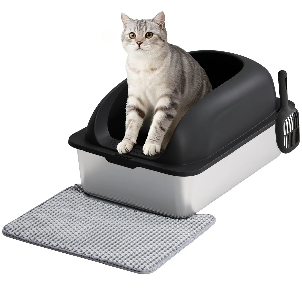 Large Cat Litter Box with Lid, Scoop, and Mat
