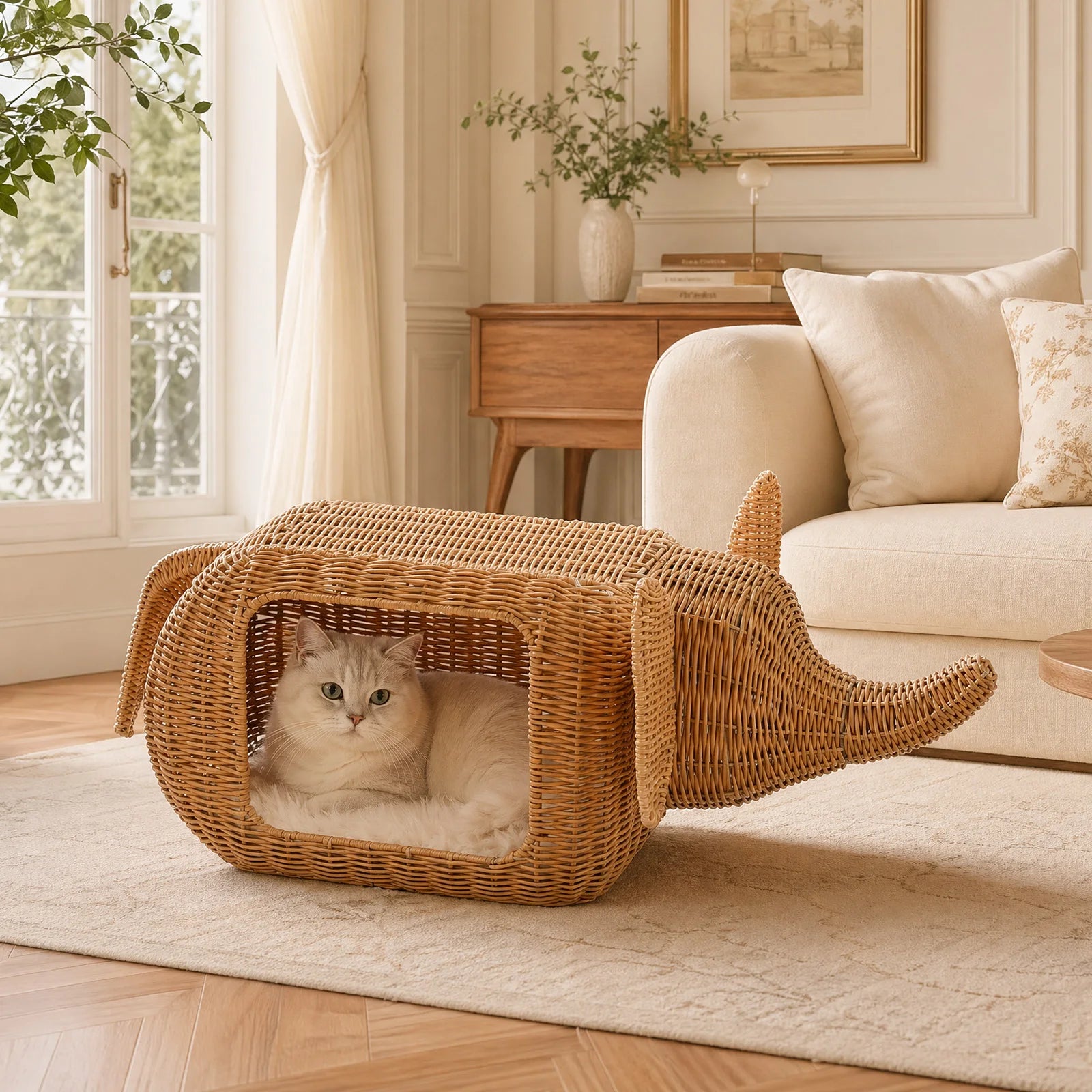 Handmade Elephant Rattan Cat Condo Bed